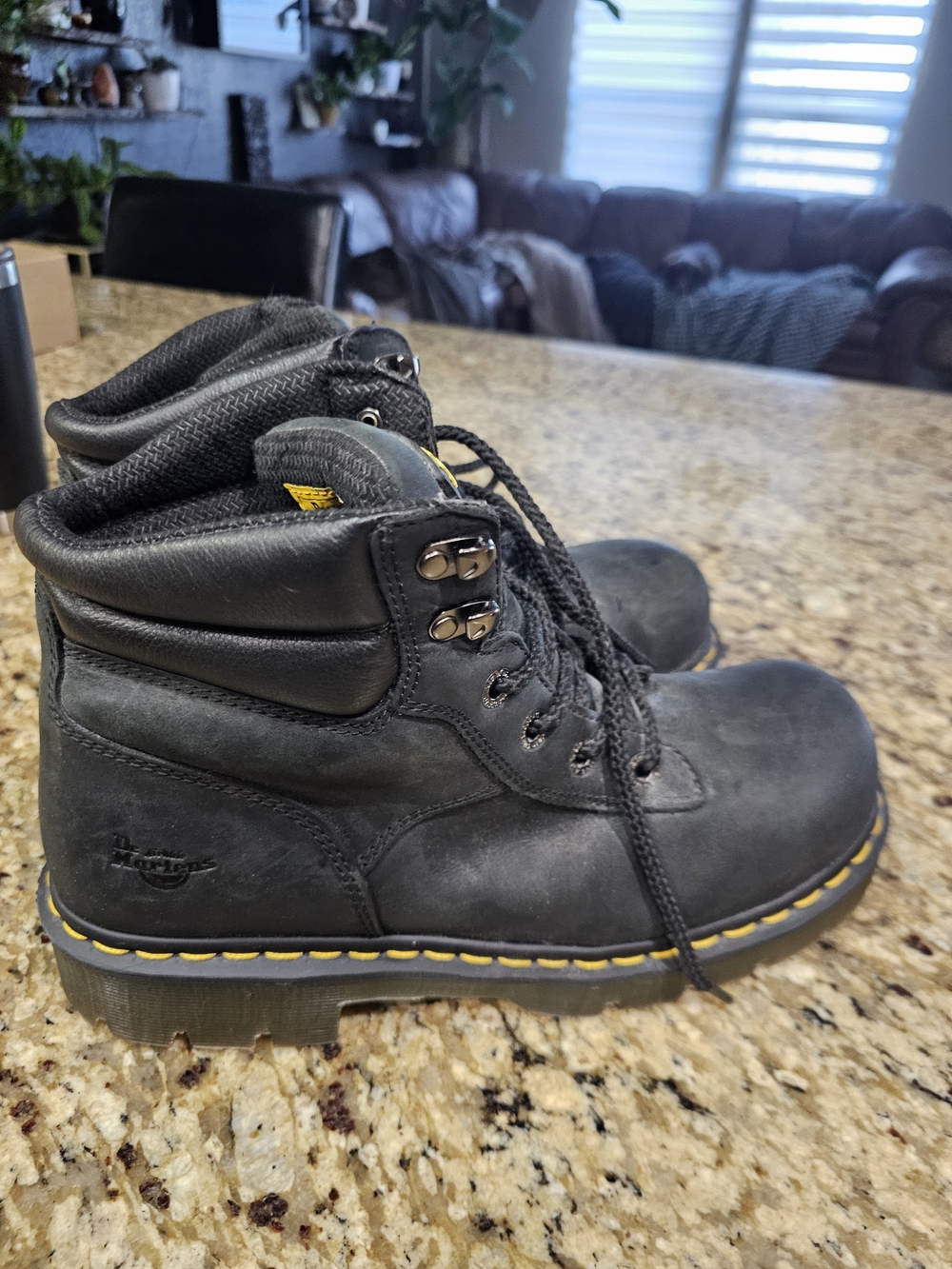 Dr. Martens Black Leather Lace-Up Work Boots with Yellow Stitching